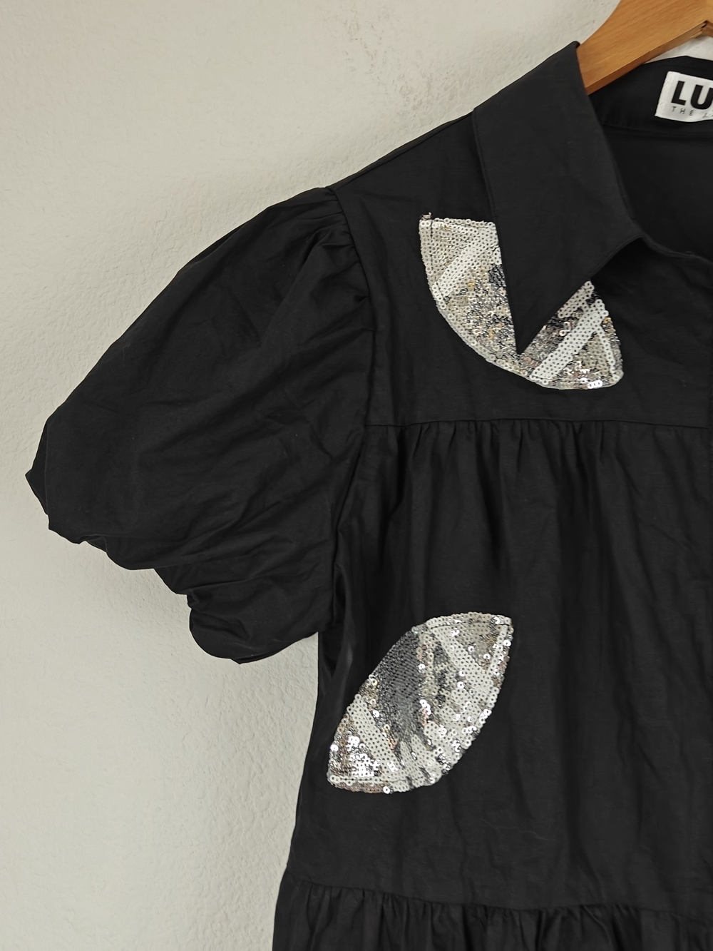 Lula the Label Black Sequin Football Shirt Dress Game Day Glam Puff Sleeve Mini - Picture 7 of 16